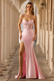 Strapless Pink Appliqued Mermaid Corset Sequins Long Prom Dress with Slit