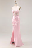 Pink Strapless Appliqued Mermaid Corset Sequins Long Prom Dress with Slit