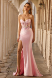 Strapless Pink Appliqued Mermaid Corset Sequins Long Prom Dress with Slit