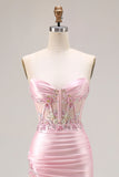 Pink Strapless Appliqued Mermaid Corset Sequins Long Prom Dress with Slit