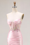 Pink Strapless Appliqued Mermaid Corset Sequins Long Prom Dress with Slit