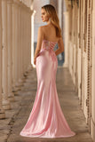 Strapless Pink Appliqued Mermaid Corset Sequins Long Prom Dress with Slit