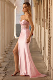 Strapless Pink Appliqued Mermaid Corset Sequins Long Prom Dress with Slit