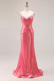 Glitter Watermelon Mermaid Corset Pleated :ace Up Back Long Prom Dress with Beading