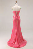 Glitter Watermelon Mermaid Corset Pleated :ace Up Back Long Prom Dress with Beading