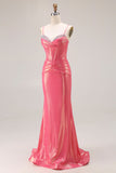 Glitter Watermelon Mermaid Corset Pleated :ace Up Back Long Prom Dress with Beading