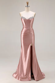 Dusty Rose Mermaid Beaded Strapless Corset Satin Long Prom Dress with Slit
