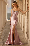 Dusty Rose Mermaid Strapless Beaded Corset Satin Long Prom Dress with Slit