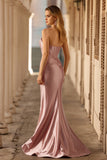Dusty Rose Mermaid Strapless Beaded Corset Satin Long Prom Dress with Slit