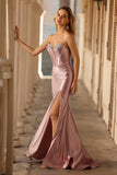 Dusty Rose Mermaid Strapless Beaded Corset Satin Long Prom Dress with Slit
