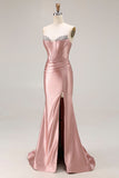 Dusty Rose Mermaid Beaded Strapless Corset Satin Long Prom Dress with Slit
