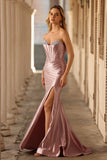 Dusty Rose Mermaid Strapless Beaded Corset Satin Long Prom Dress with Slit