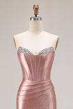 Dusty Rose Mermaid Beaded Strapless Corset Satin Long Prom Dress with Slit