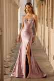 Dusty Rose Mermaid Strapless Beaded Corset Satin Long Prom Dress with Slit