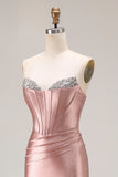 Dusty Rose Mermaid Beaded Strapless Corset Satin Long Prom Dress with Slit