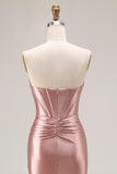 Dusty Rose Mermaid Beaded Strapless Corset Satin Long Prom Dress with Slit