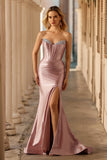 Dusty Rose Mermaid Strapless Beaded Corset Satin Long Prom Dress with Slit