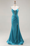 Peacock Blue Mermaid Satin Corset Cut Out Long Prom Dress with Slit