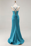 Peacock Blue Mermaid Satin Corset Cut Out Long Prom Dress with Slit