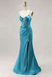 Peacock Blue Mermaid Satin Corset Cut Out Long Prom Dress with Slit