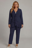 2-Piece Navy Long Sleeve Plus Size Ruffled Mother of the Bride Pant Suits
