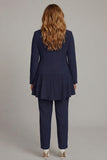 2-Piece Navy Long Sleeve Plus Size Ruffled Mother of the Bride Pant Suits