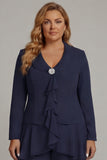 2-Piece Navy Long Sleeve Plus Size Ruffled Mother of the Bride Pant Suits