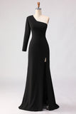 Black One Shoulder Mermaid Long Sleeve Mother of the Bride Dress with Slit