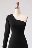 Black One Shoulder Mermaid Long Sleeve Mother of the Bride Dress with Slit