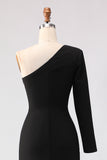Black One Shoulder Mermaid Long Sleeve Mother of the Bride Dress with Slit