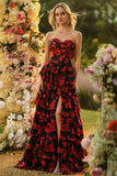 Black Red Flower A Line Sweetheart Tiered Ruffle Corset Long Prom Dress with Slit