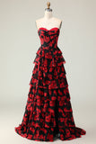 Black Red Flower A Line Sweetheart Tiered Ruffle Corset Long Prom Dress with Slit