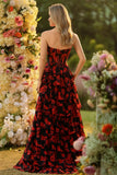 Black Red Flower A Line Sweetheart Tiered Ruffle Corset Long Prom Dress with Slit