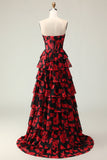 Black Red Flower A Line Sweetheart Tiered Ruffle Corset Long Prom Dress with Slit