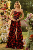 Black Red Flower A Line Sweetheart Tiered Ruffle Corset Long Prom Dress with Slit