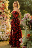 Black Red Flower A Line Sweetheart Tiered Ruffle Corset Long Prom Dress with Slit