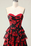 Black Red Flower A Line Sweetheart Corset Tiered Long Prom Dress with Slit