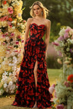 Black Red Flower A Line Sweetheart Tiered Ruffle Corset Long Prom Dress with Slit