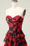 Black Red Flower A Line Sweetheart Corset Tiered Long Prom Dress with Slit