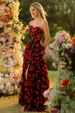Black Red Flower A Line Sweetheart Tiered Ruffle Corset Long Prom Dress with Slit