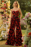 Black Red Flower A Line Sweetheart Tiered Ruffle Corset Long Prom Dress with Slit