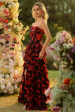 Black Red Flower A Line Sweetheart Tiered Ruffle Corset Long Prom Dress with Slit