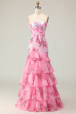 Mermaid Pink Strapless Tiered Print Floral Long Prom Dress with Ruffles