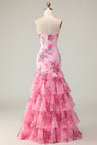 Mermaid Pink Strapless Tiered Print Floral Long Prom Dress with Ruffles