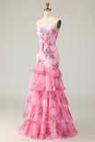Mermaid Pink Strapless Tiered Print Floral Long Prom Dress with Ruffles
