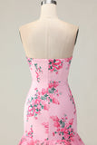 Mermaid Pink Strapless Tiered Print Floral Long Prom Dress with Ruffles