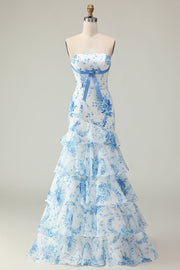 White Blue Flower Mermaid Strapless Print Tiered Long Prom Dress with Ruffles