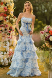 White Blue Flower Strapless Mermaid Print Tiered Long Prom Dress with Ruffles