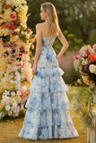 White Blue Flower Strapless Mermaid Print Tiered Long Prom Dress with Ruffles