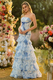 White Blue Flower Strapless Mermaid Print Tiered Long Prom Dress with Ruffles